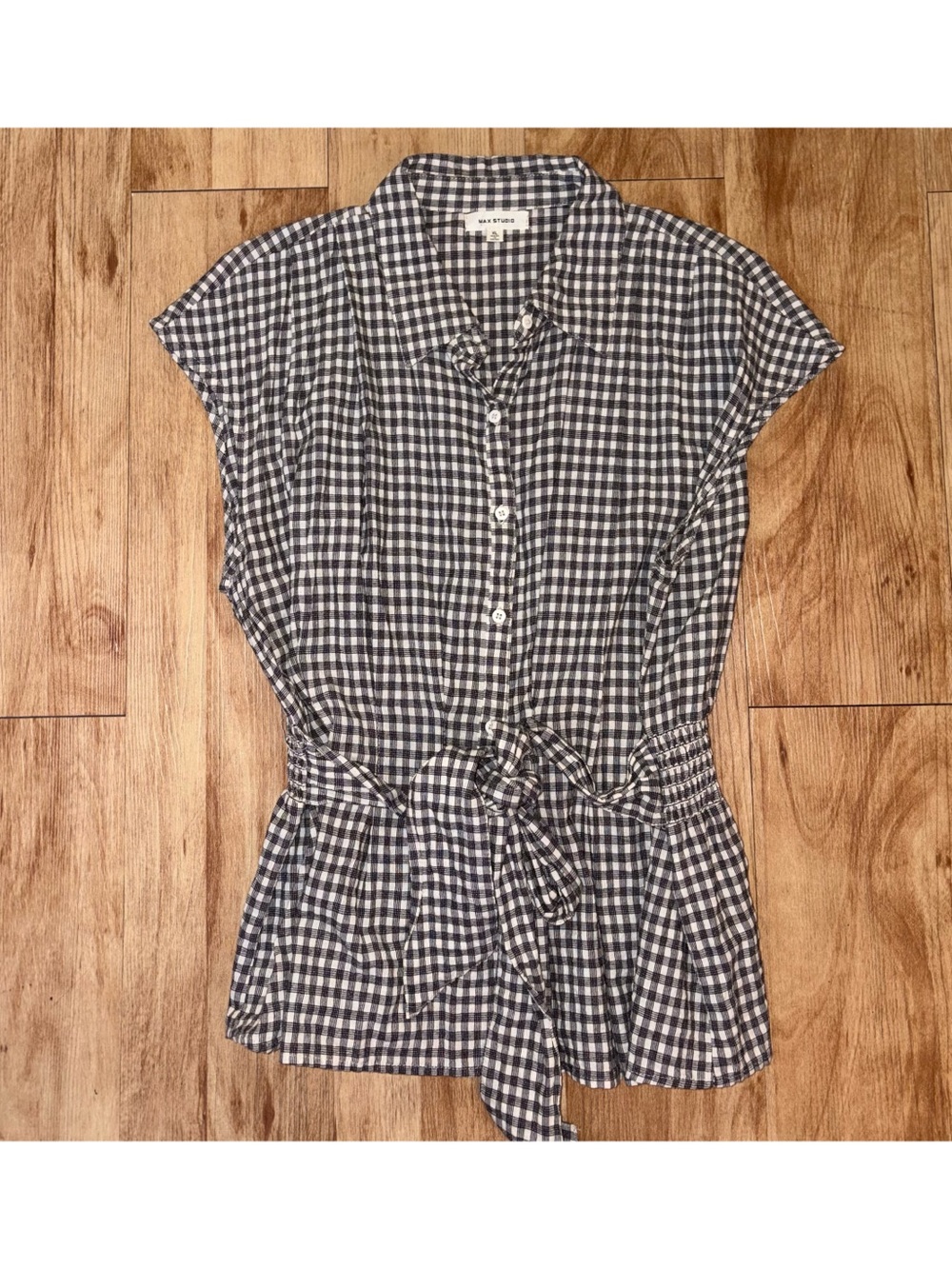 Max Studio Black & White Gingham Button-Front Tie-Waist Top